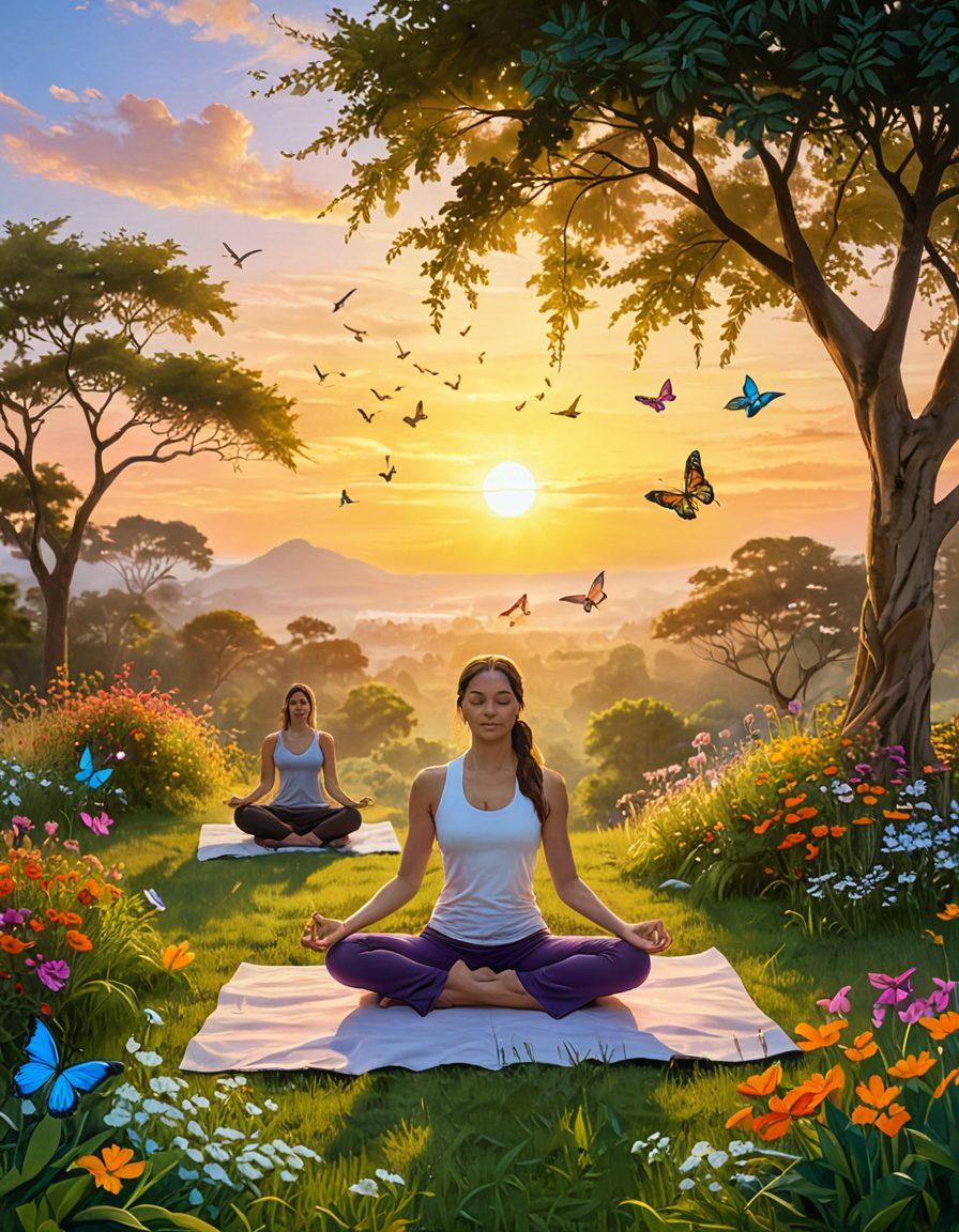 A serene landscape with a radiant sunrise, symbolizing new beginnings and hope. Include diverse individuals engaged in joyful activities like yoga, painting, and meditation, surrounded by lush greenery and colorful flowers. Soft, ethereal light illuminating the scene, enhancing the sense of tranquility and happiness. Incorporate elements like butterflies and birds to represent freedom and positivity. super-realistic. vibrant colors. peaceful atmosphere.