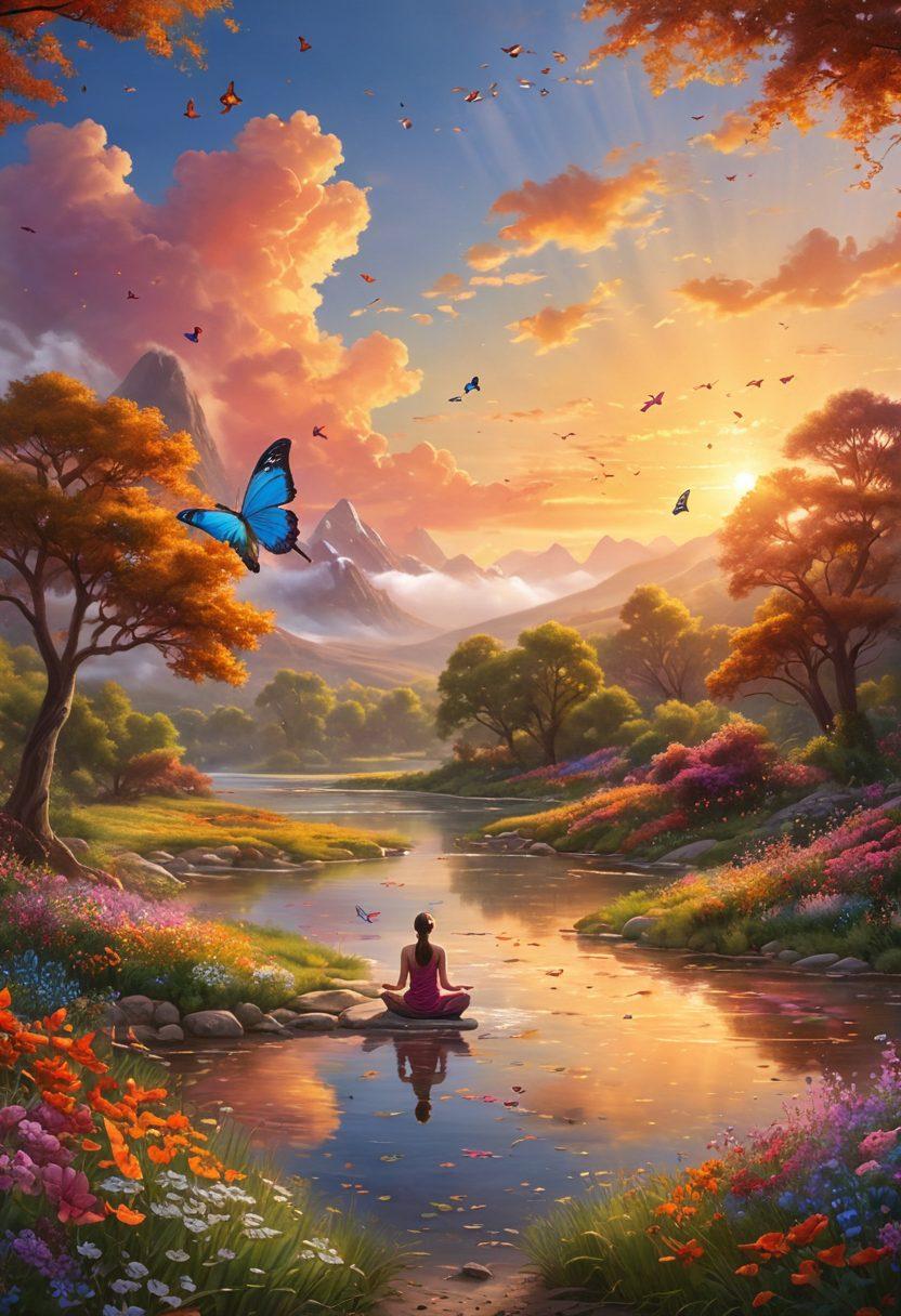 A serene landscape depicting a vibrant sunrise over a peaceful valley, with a person practicing yoga amidst blooming flowers and butterflies. The scene should exude joy and tranquility, with warm colors and soft light filtering through the trees, highlighting the essence of bliss. Elements like floating heart-shaped clouds and gentle streams add to the theme of elation. super-realistic. vibrant colors. nature-inspired.