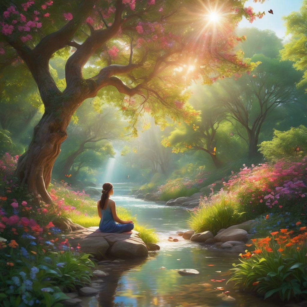 A serene scene depicting a person meditating under a bright, blooming tree, surrounded by colorful flowers and butterflies, radiating an aura of joy and peace. Soft sunlight filters through the leaves, creating a warm and uplifting atmosphere. In the background, a gentle stream flows, symbolizing tranquility and bliss. super-realistic. vibrant colors. soft focus.